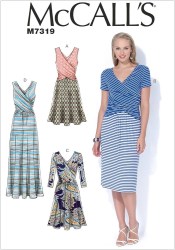7319 MCCALLS PULLOVER JERSEY EMPIRE BIAS OVERLAY DRESS SLEEVES OR NOT PATTERN  6-14 or14-22 UNCUT choice